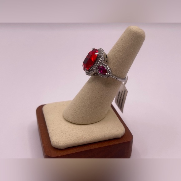 Simulated Ruby Rhinestone Ring - Silver Toned Victorian Setting Stainless Steel - Picture 6 of 15